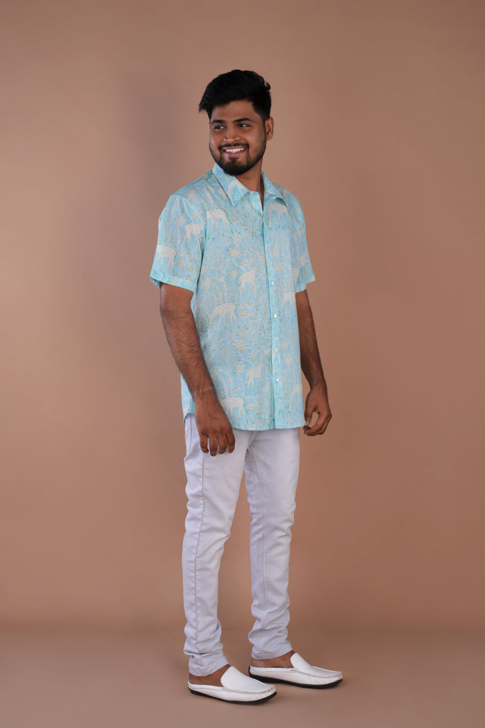 Image of Sky blue handblock printed Mens cotton shirt